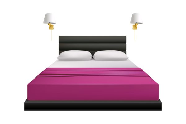 Realistic bed with two pillows bedcover and night lamps vector illustration